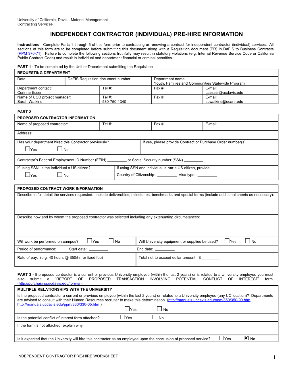 Instructions: Complete Parts 1 Through 5 of This Form Prior to Contracting Or Renewing