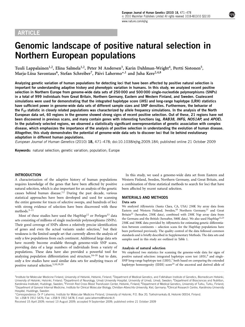 Genomic Landscape of Positive Natural Selection in Northern European Populations