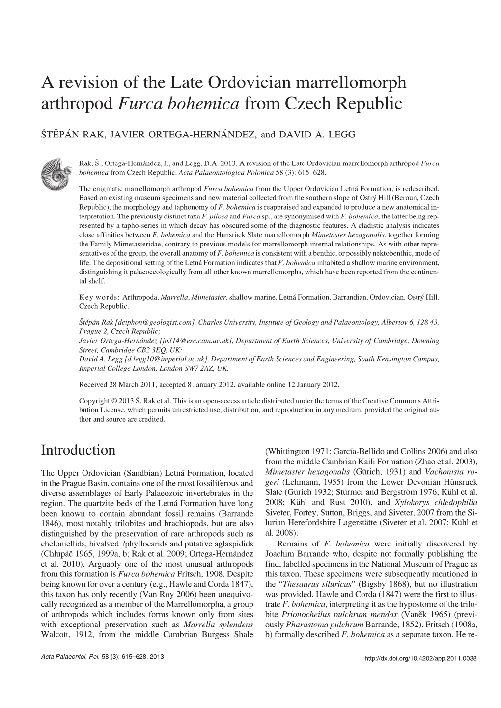 A Revision of the Late Ordovician Marrellomorph Arthropod Furca Bohemica from Czech Republic