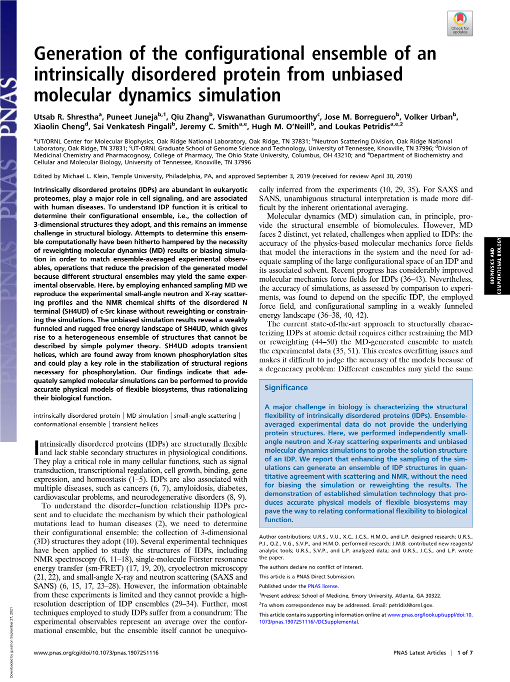 Generation of the Configurational Ensemble of an Intrinsically Disordered Protein from Unbiased Molecular Dynamics Simulation