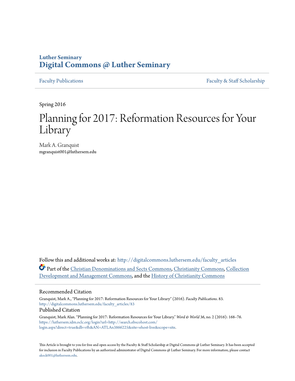 Planning for 2017: Reformation Resources for Your Library Mark A