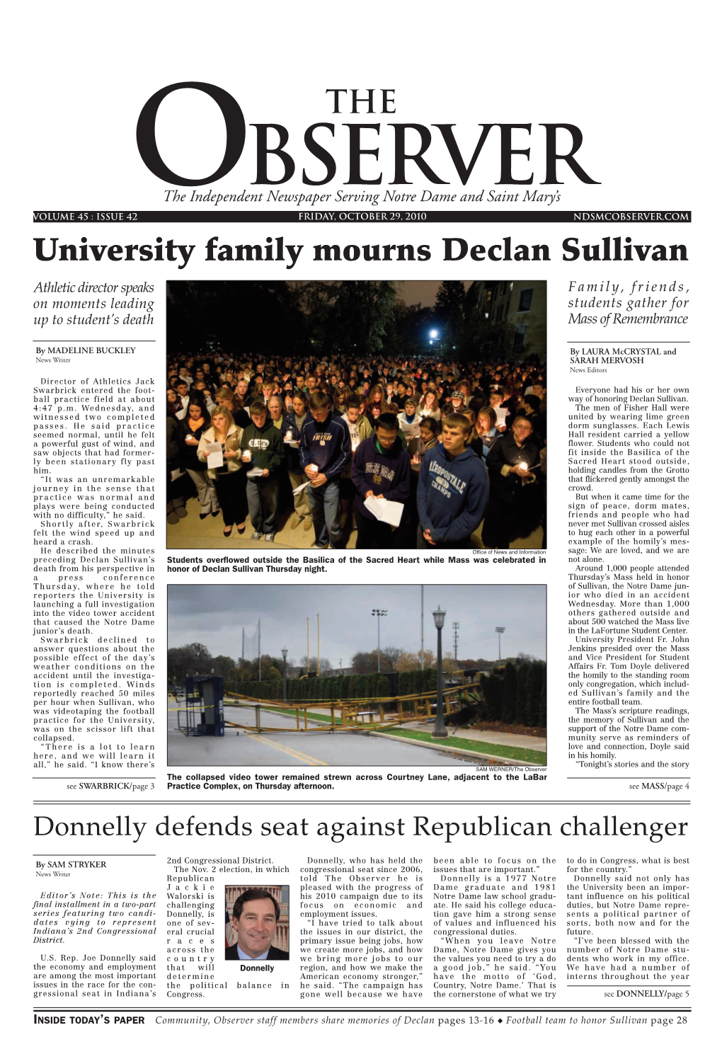 University Family Mourns Declan Sullivan Athletic Director Speaks Family, Friends, on Moments Leading Students Gather for up to Student’S Death Mass of Remembrance