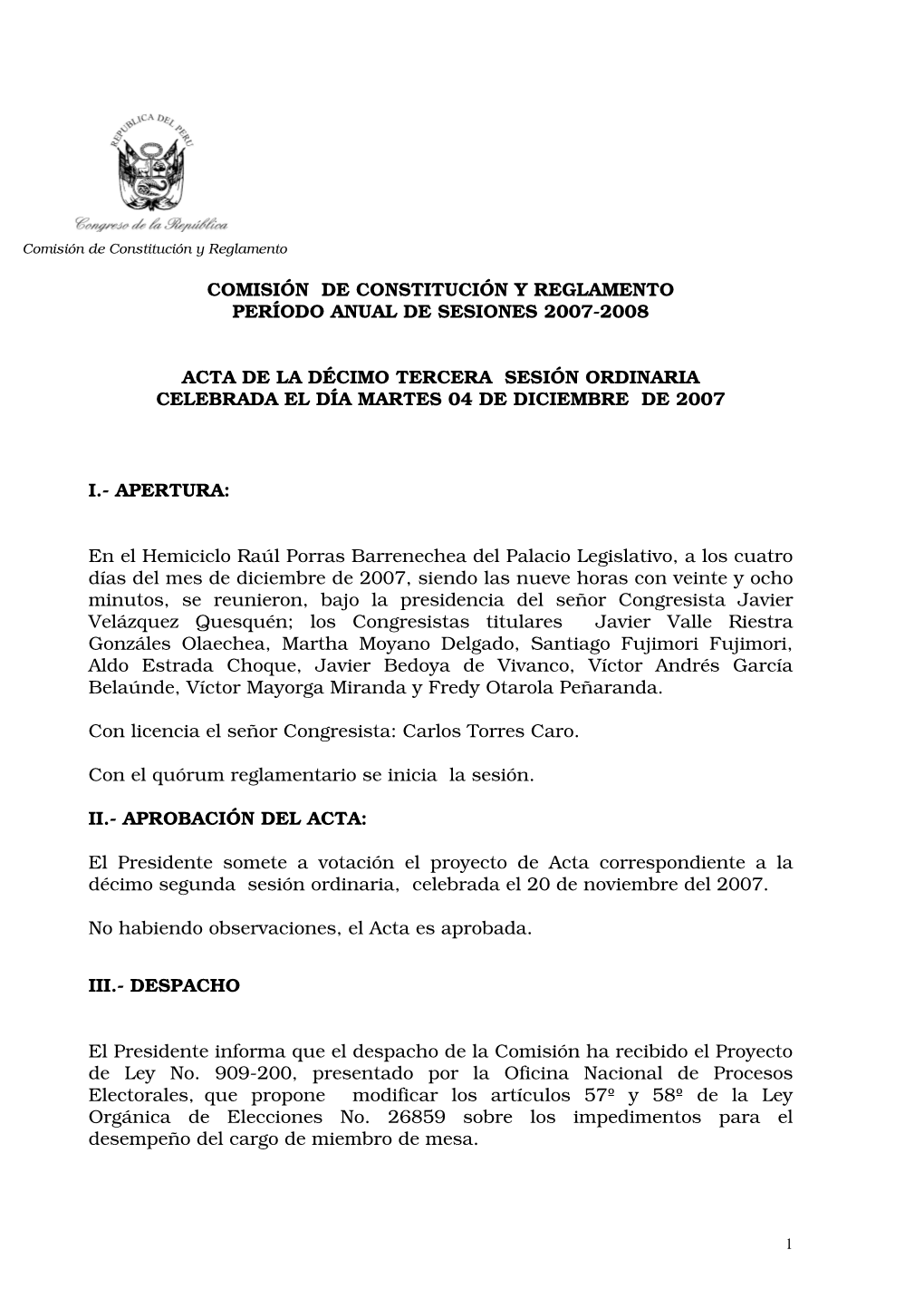 Comisión De Constitución Y Reglamento Período Anual De Sesiones 2007-2008