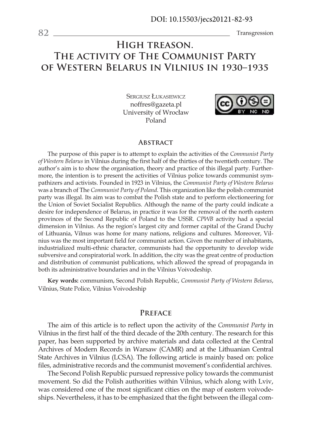 High Treason. the Activity of the Communist Party of Western Belarus in Vilnius in 1930–1935