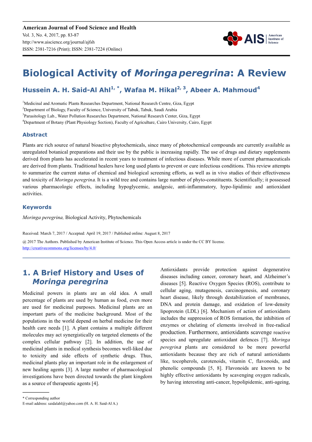 Biological Activity of Moringaperegrina : a Review