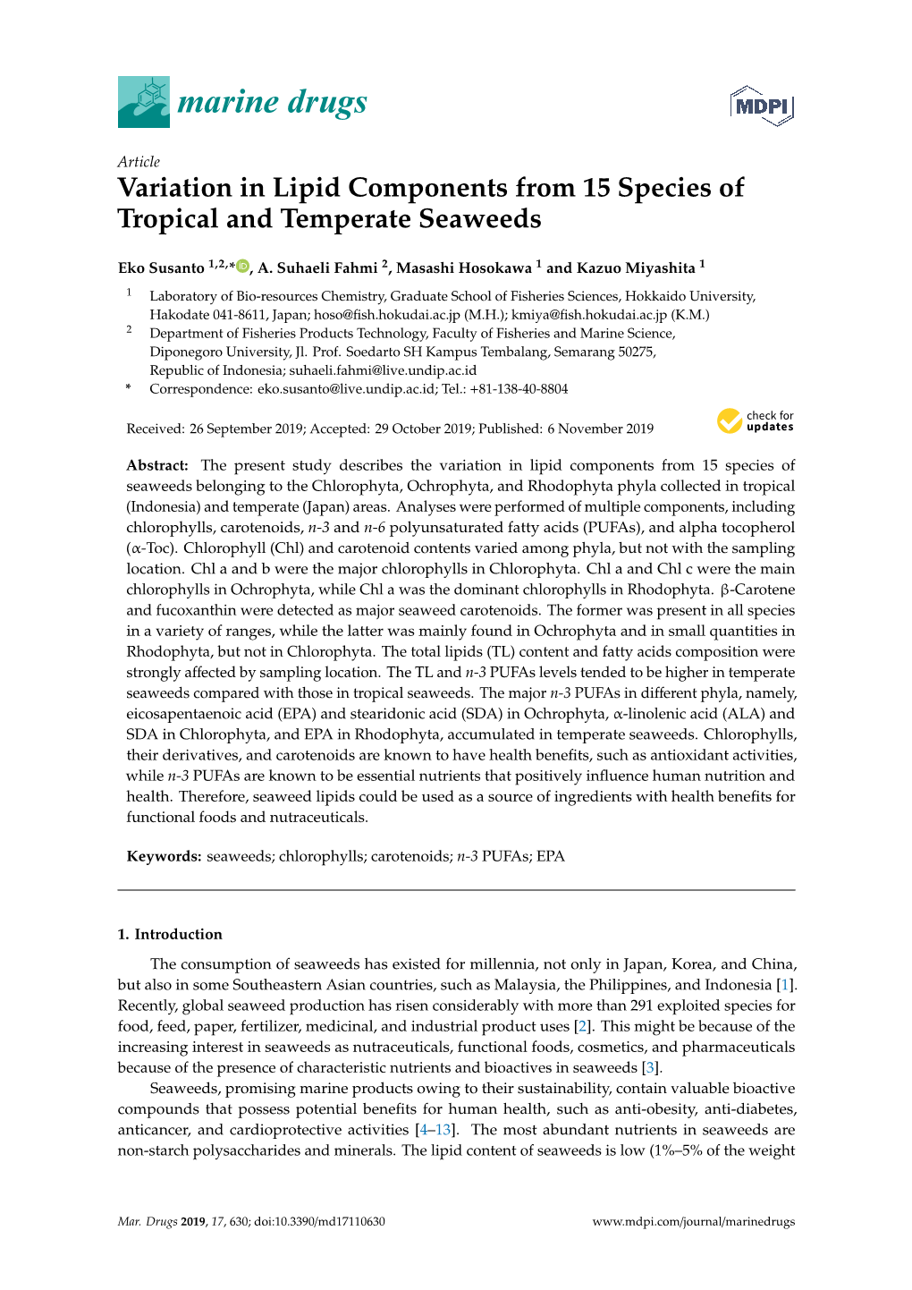 Variation in Lipid Components from 15 Species of Tropical and Temperate Seaweeds