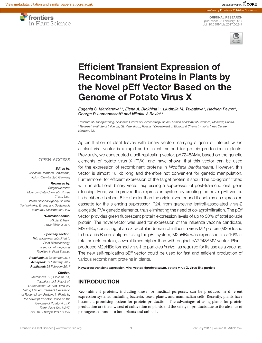 Efficient Transient Expression of Recombinant Proteins in Plants By