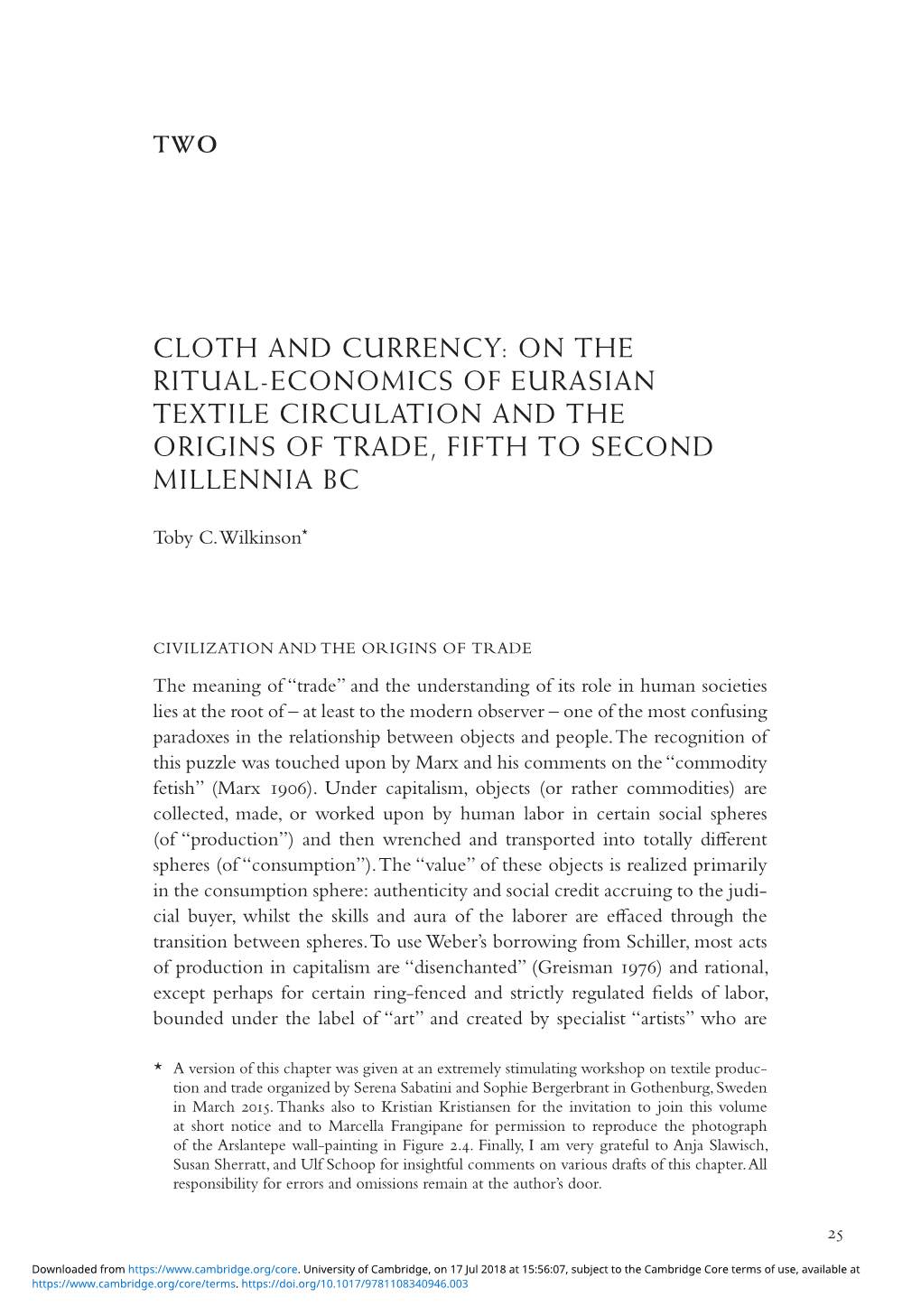 Cloth and Currency: on the Ritual- Economics of Eurasian Textile Circulation and the Origins of Trade, Fifth to Second Millenni