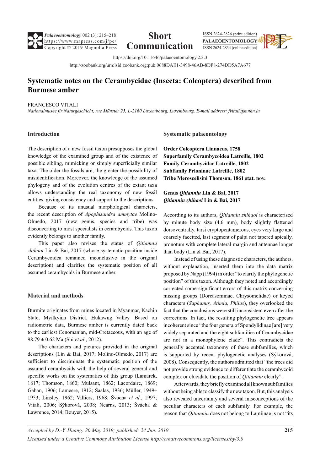 Systematic Notes on the Cerambycidae (Insecta: Coleoptera) Described from Burmese Amber