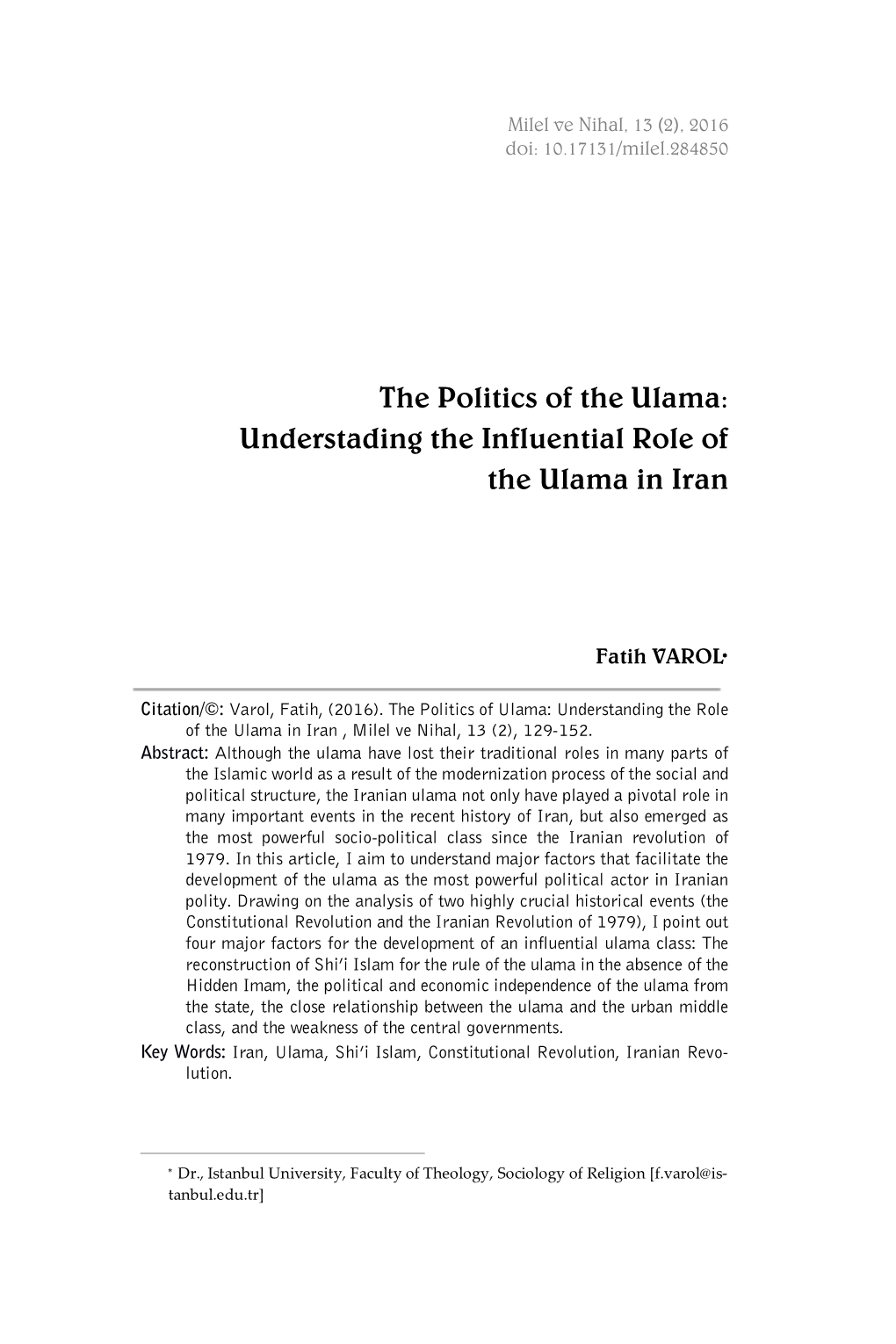 The Politics of the Ulama: Understading the Influential Role of the Ulama in Iran