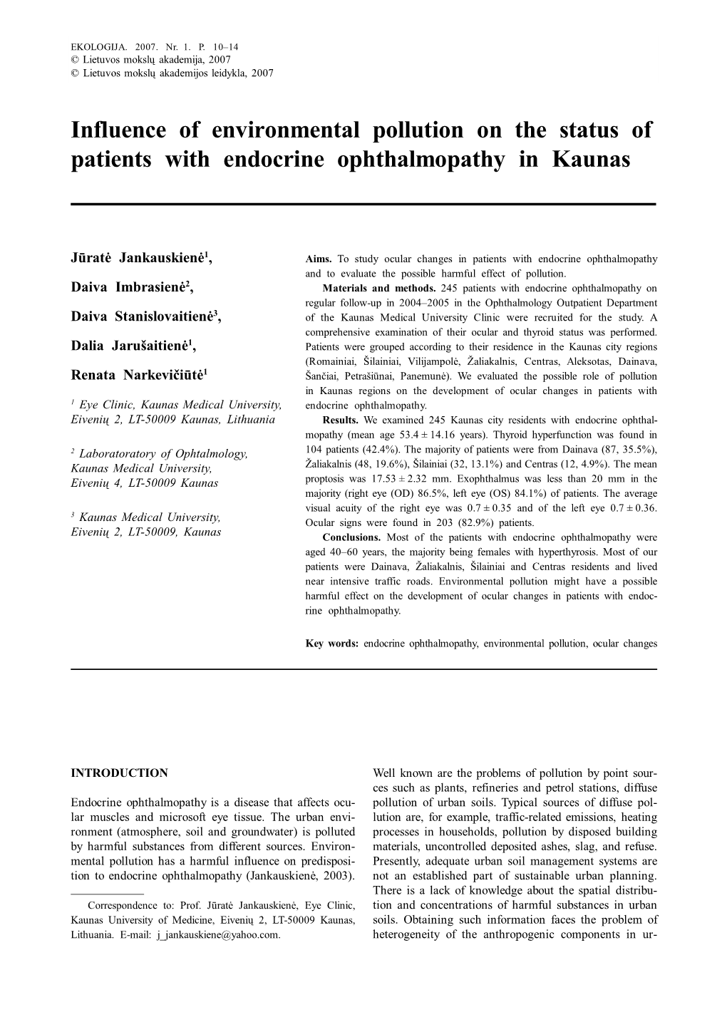 Influence of Environmental Pollution on the Status of Patients with Endocrine Ophthalmopathy in Kaunas