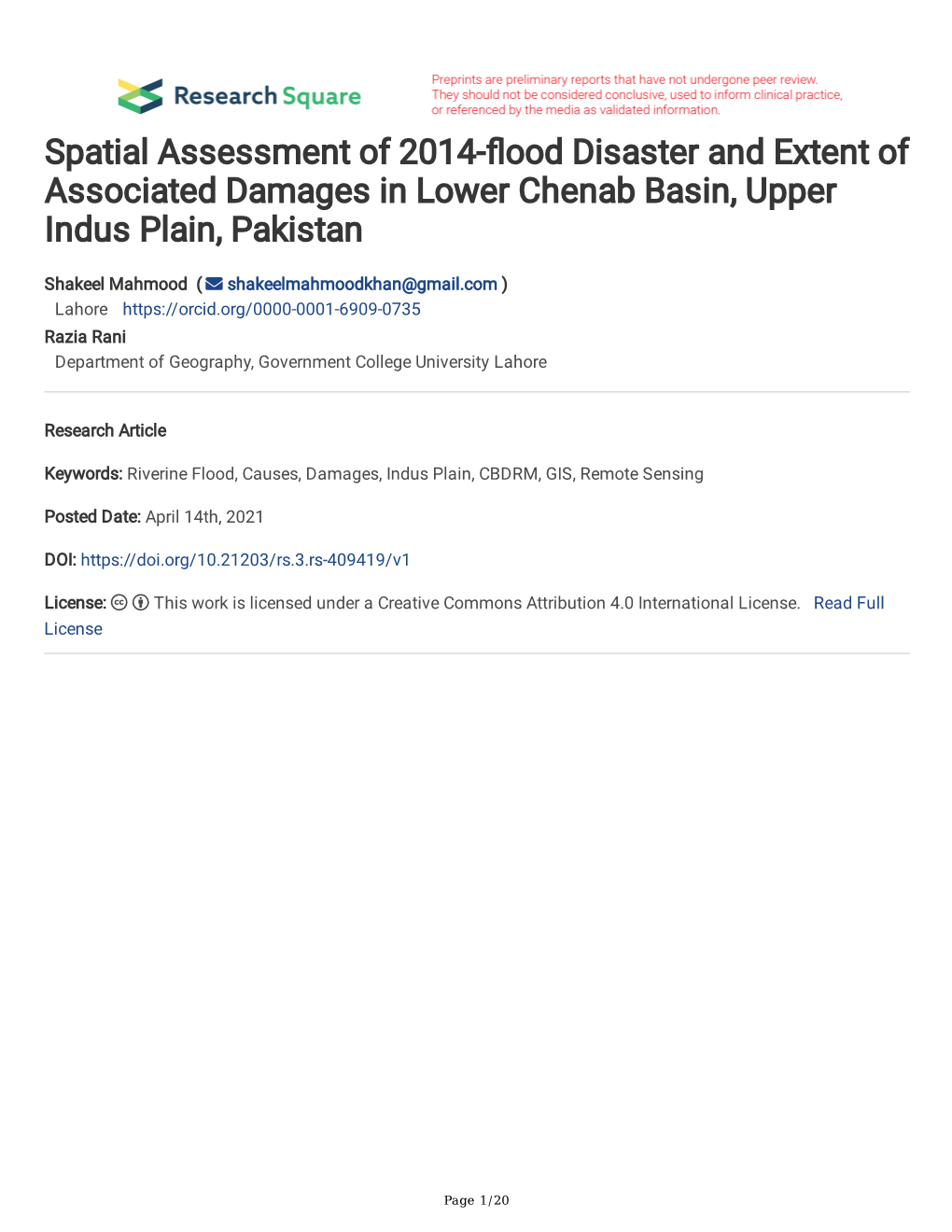 Ood Disaster and Extent of Associated Damages in Lower Chenab Basin, Upper Indus Plain, Pakistan