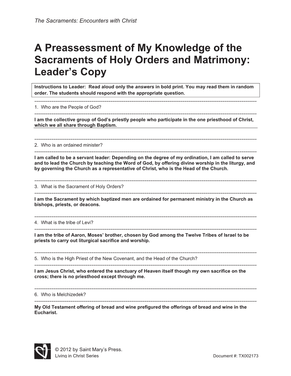 A Preassessment of My Knowledge of the Sacraments of Holy Orders and Matrimony: Leader’S Copy