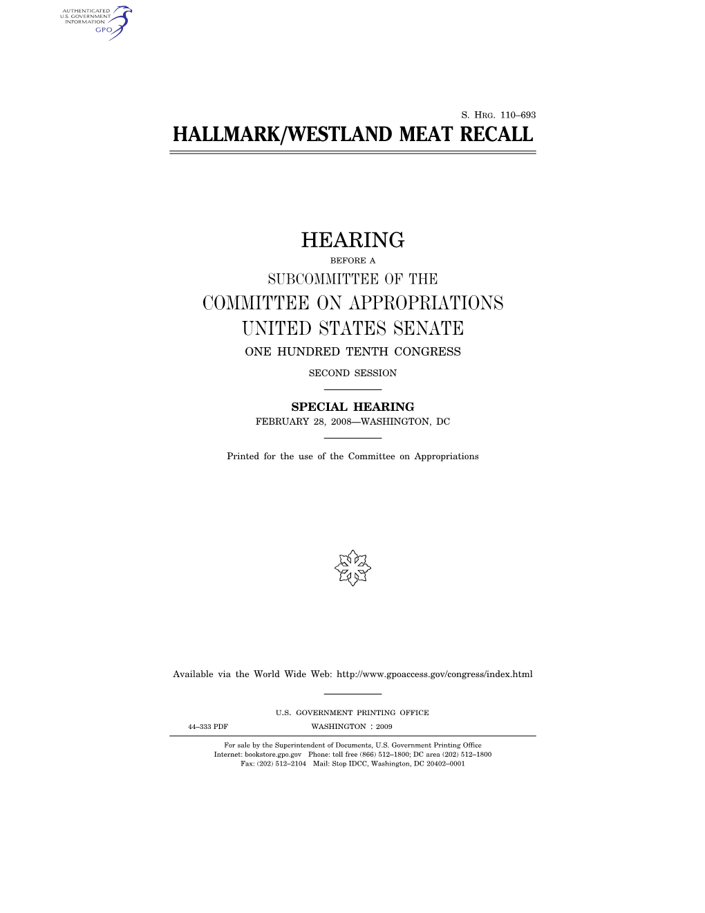 Hallmark/Westland Meat Recall Hearing