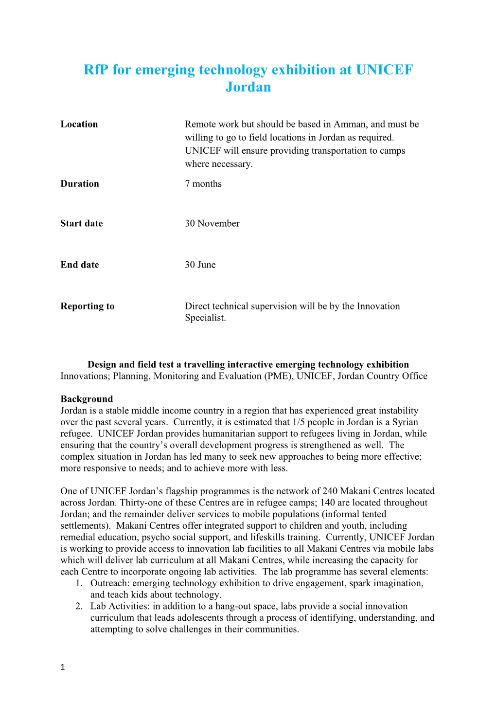 Rfp for Emerging Technology Exhibition at UNICEF Jordan