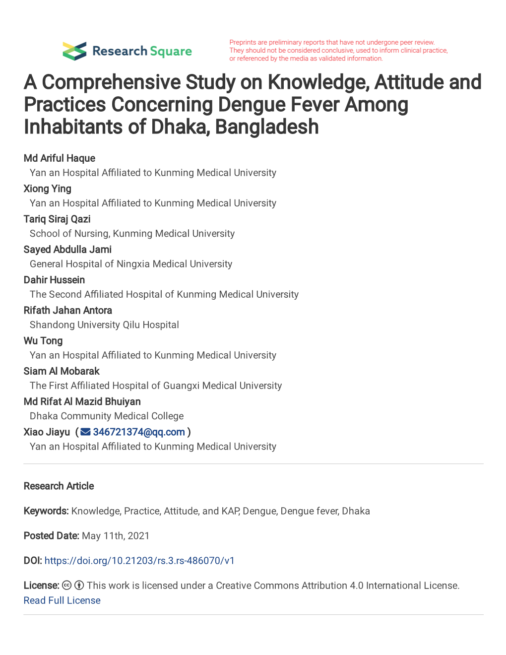 A Comprehensive Study on Knowledge, Attitude and Practices Concerning Dengue Fever Among Inhabitants of Dhaka, Bangladesh