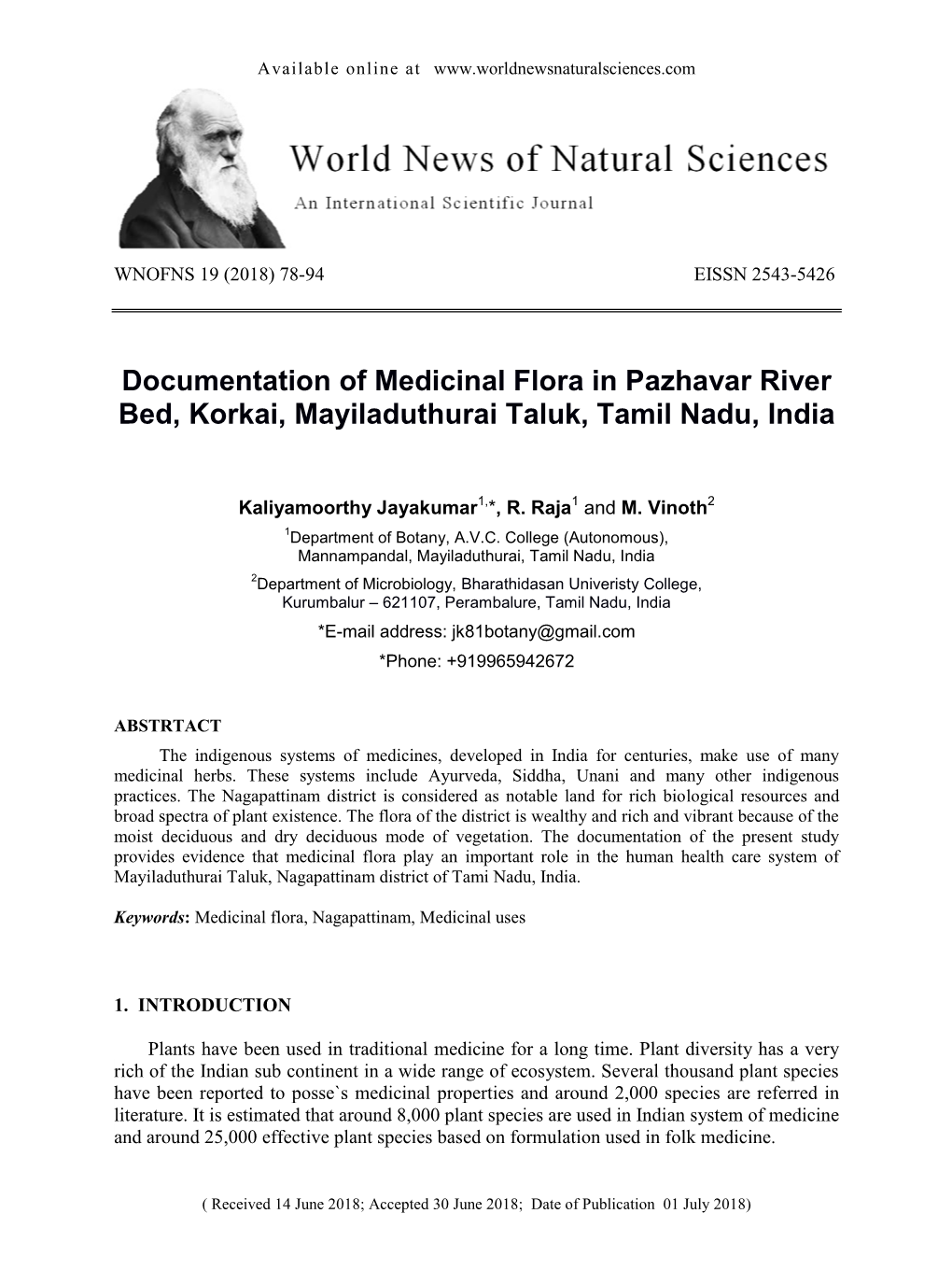Documentation of Medicinal Flora in Pazhavar River Bed, Korkai, Mayiladuthurai Taluk, Tamil Nadu, India