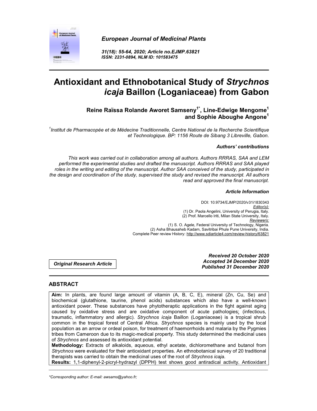 Antioxidant and Ethnobotanical Study of Strychnos Icaja Baillon (Loganiaceae) from Gabon