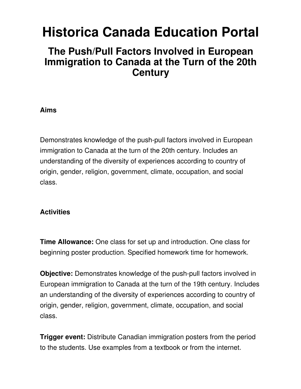 The Push/Pull Factors Involved in European Immigration to Canada at the Turn of the 20Th Century