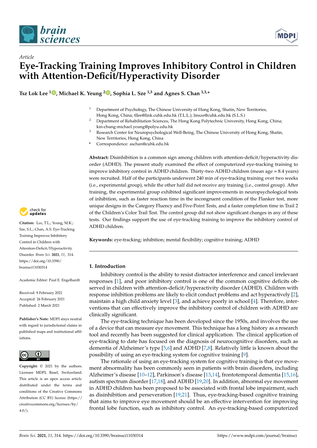 Eye-Tracking Training Improves Inhibitory Control in Children with Attention-Deﬁcit/Hyperactivity Disorder