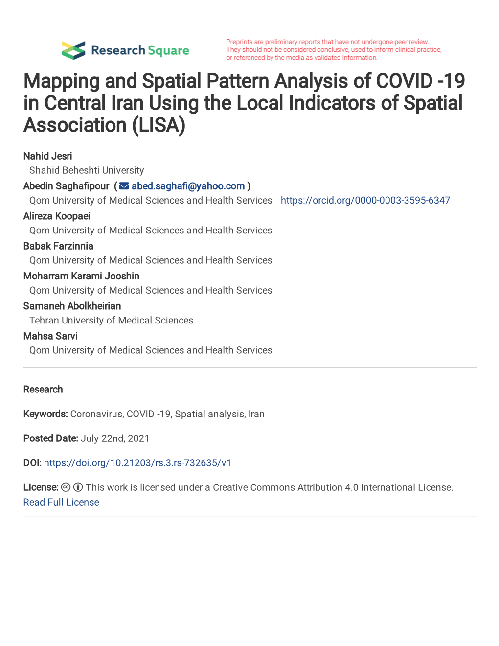 Mapping and Spatial Pattern Analysis of COVID -19 in Central Iran Using the Local Indicators of Spatial Association (LISA)