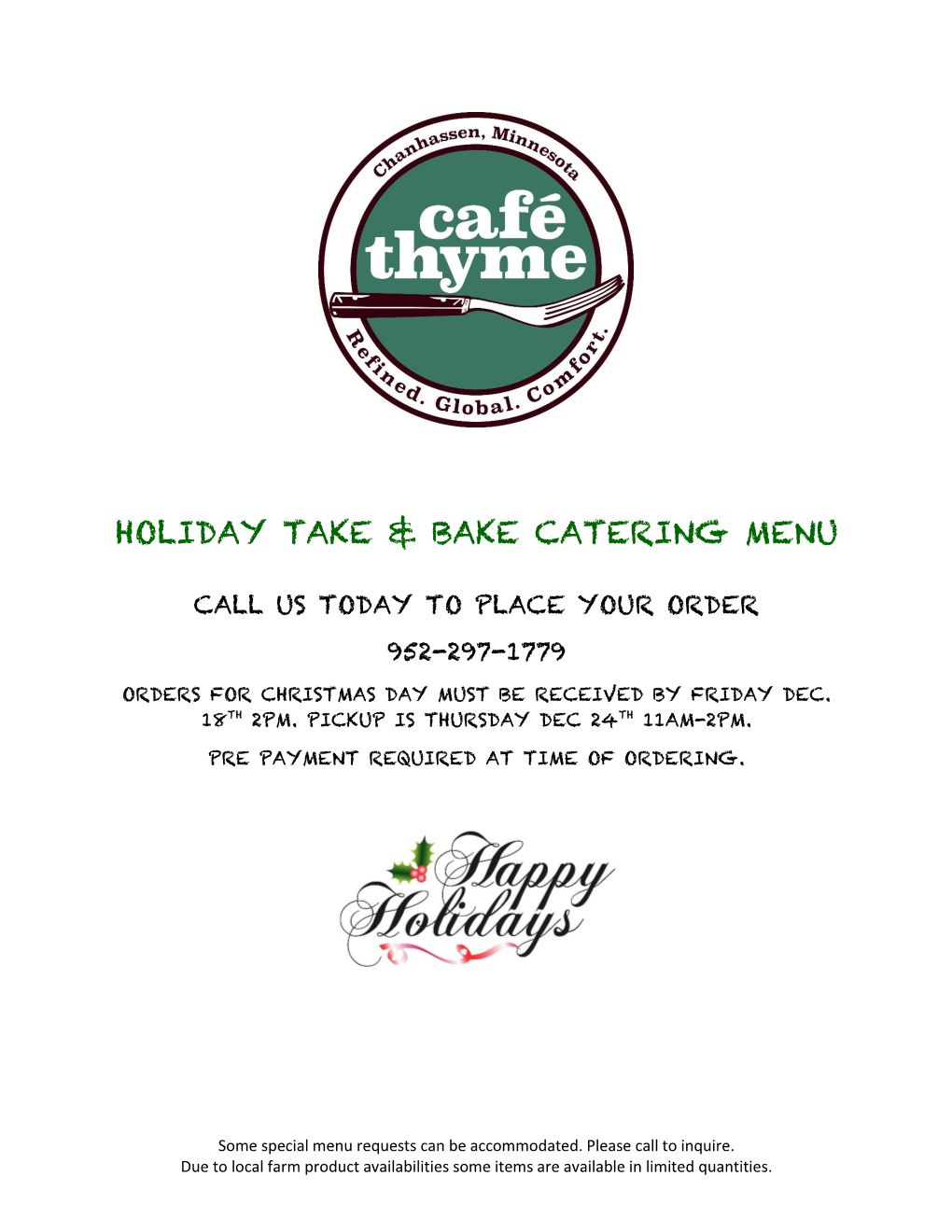 Holiday Take & Bake Catering Menu