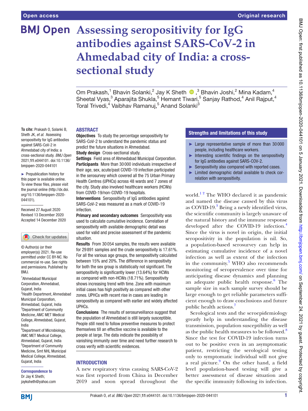 Assessing Seropositivity for Igg Antibodies Against SARS- Cov-2 in Ahmedabad City of India