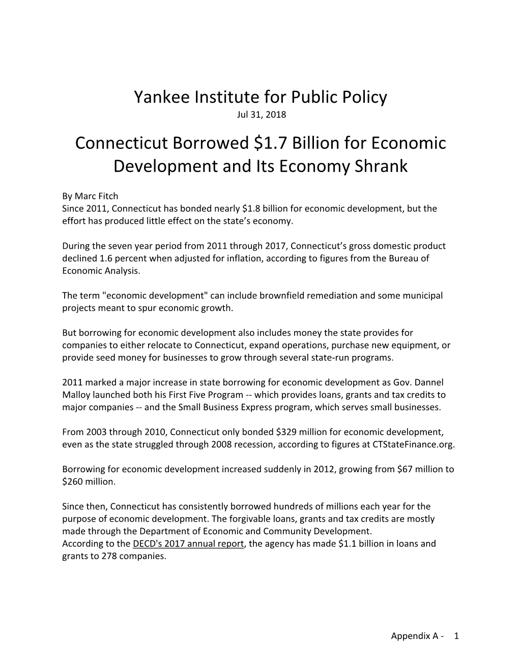 Connecticut Borrowed $1.7 Billion for Economic Development and Its Economy Shrank