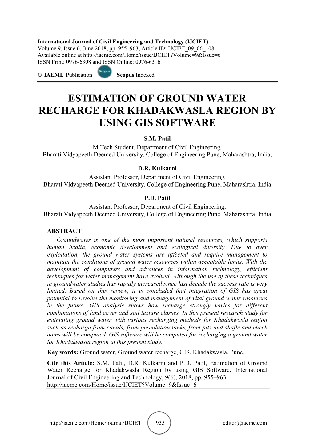 Estimation of Ground Water Recharge for Khadakw La