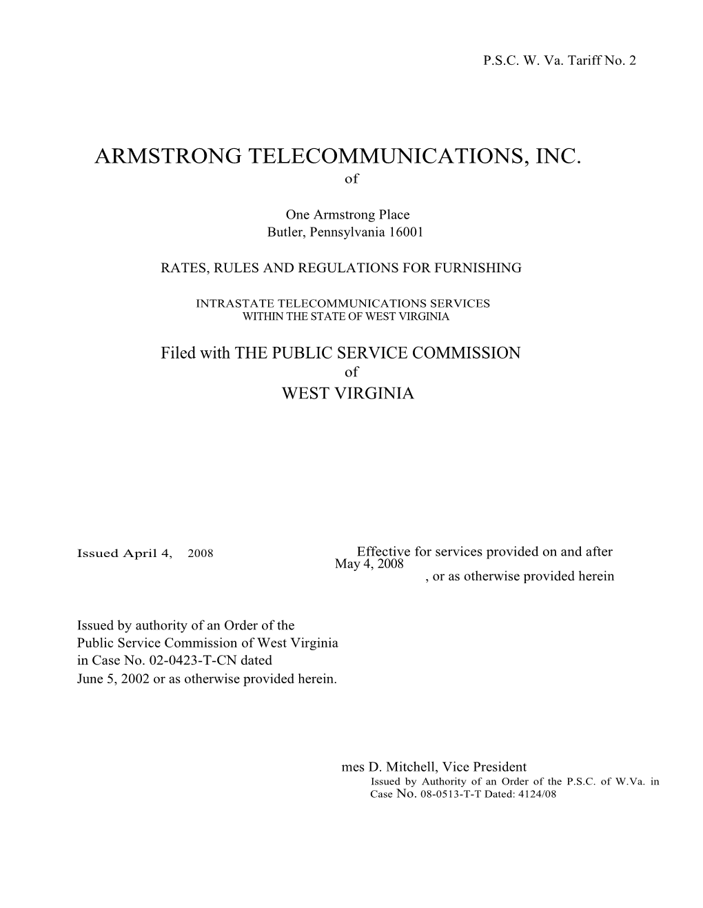 ARMSTRONG TELECOMMUNICATIONS, INC. Of