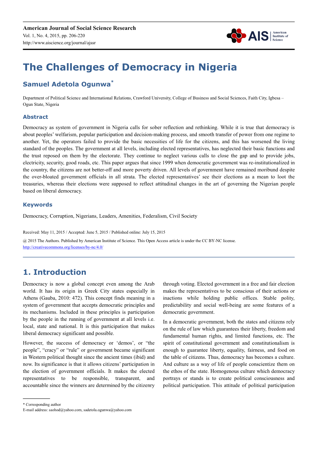 The Challenges of Democracy in Nigeria