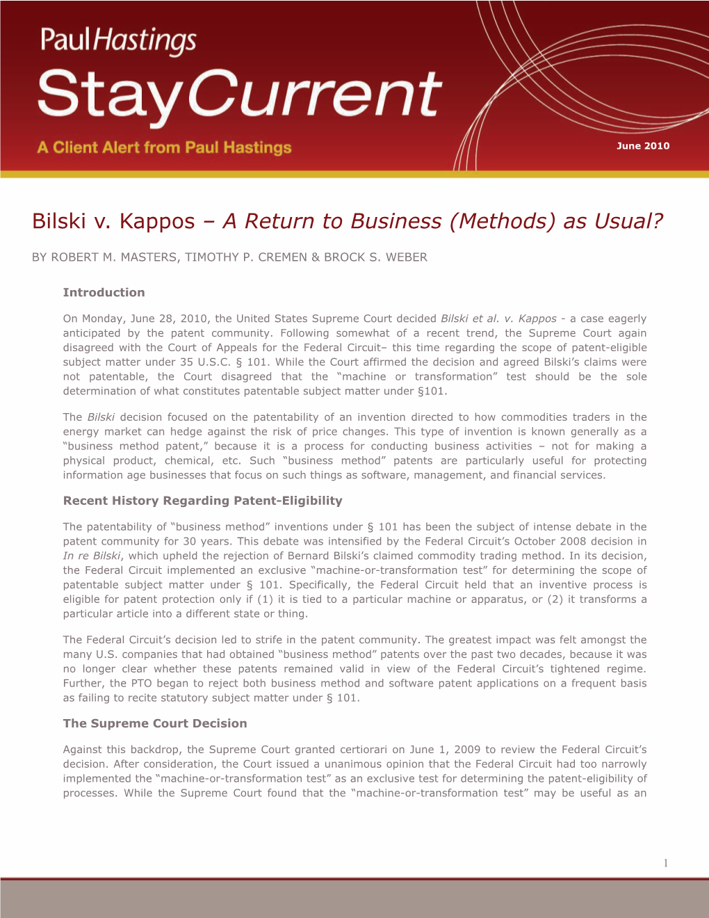 Bilski V. Kappos – a Return to Business (Methods) As Usual?