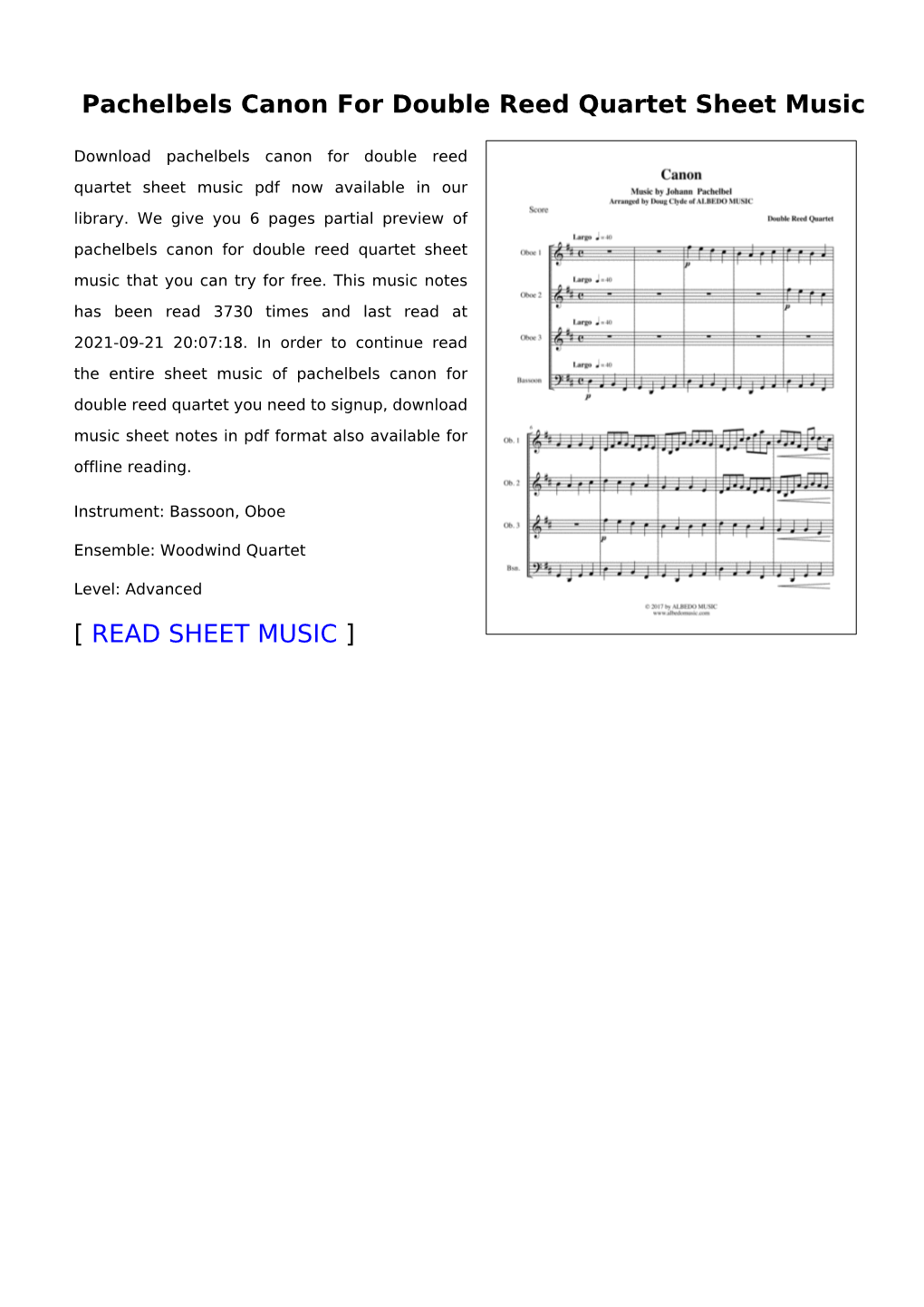 Pachelbels Canon for Double Reed Quartet Sheet Music