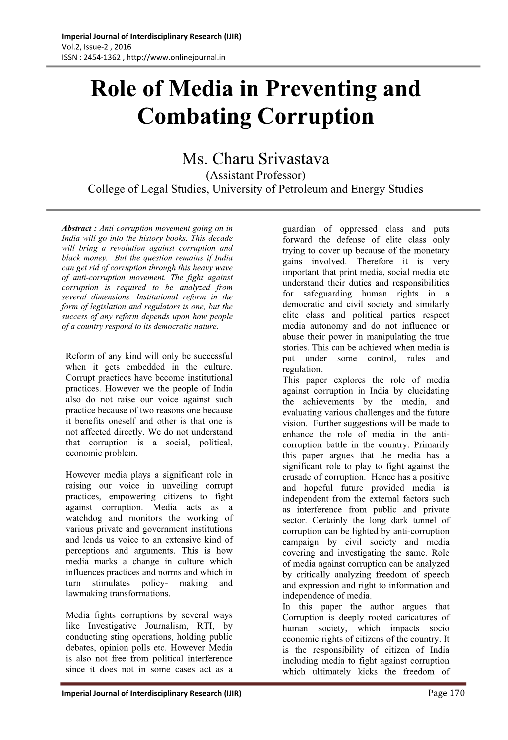 Role of Media in Preventing and Combating Corruption