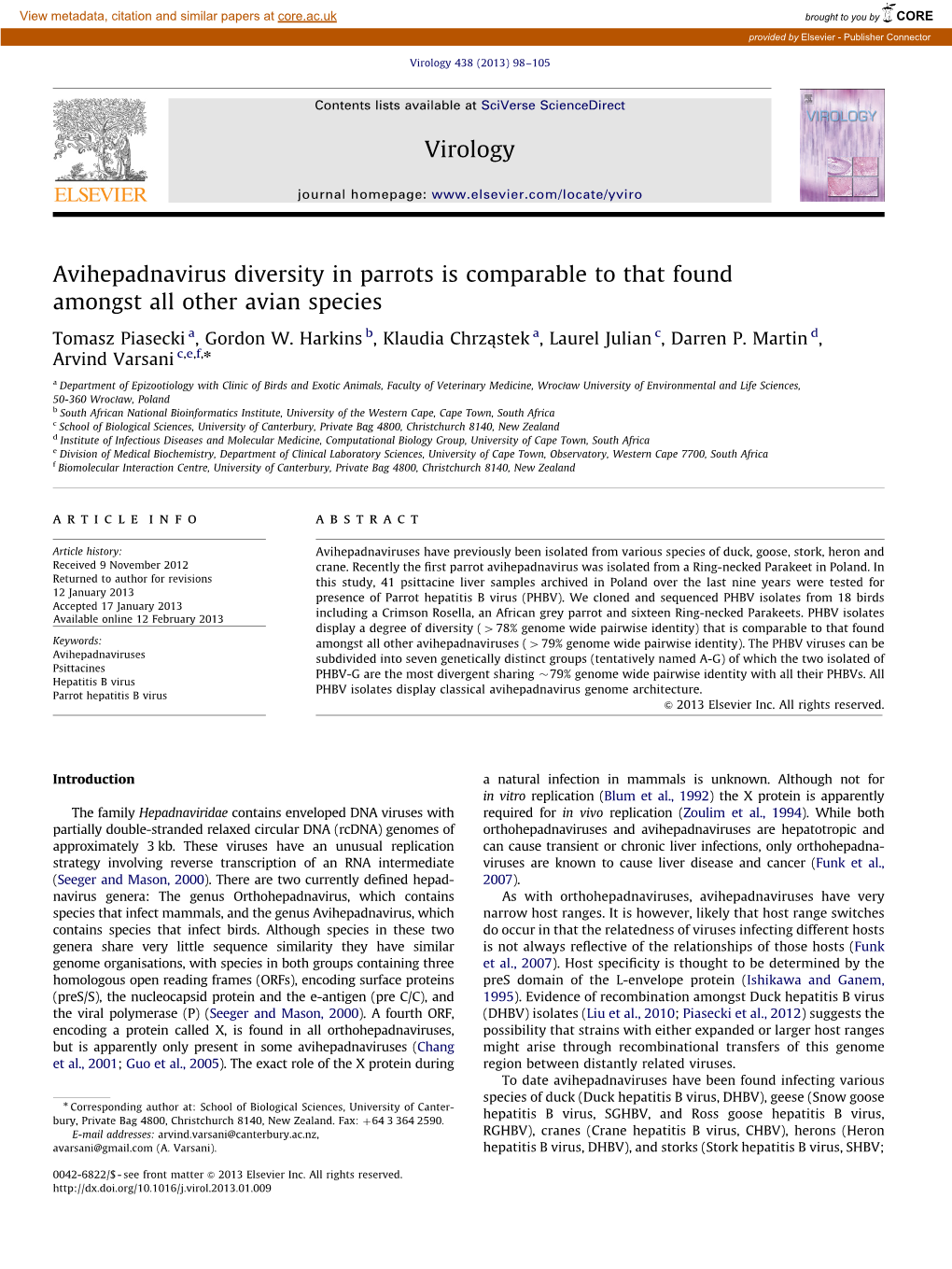 Avihepadnavirus Diversity in Parrots Is Comparable to That Found Amongst All Other Avian Species