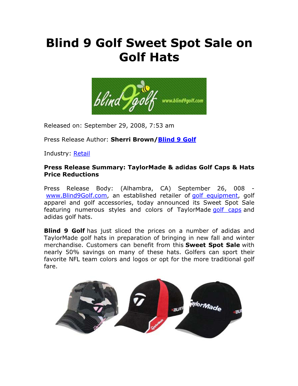 Blind 9 Golf Sweet Spot Sale on Golf Hats