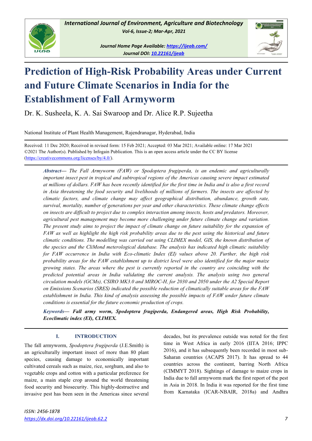 Prediction of High-Risk Probability Areas Under Current and Future Climate Scenarios in India for the Establishment of Fall Armyworm Dr