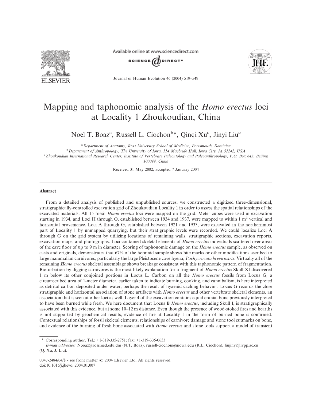 Mapping and Taphonomic Analysis of the Homo Erectus Loci at Locality 1 Zhoukoudian, China