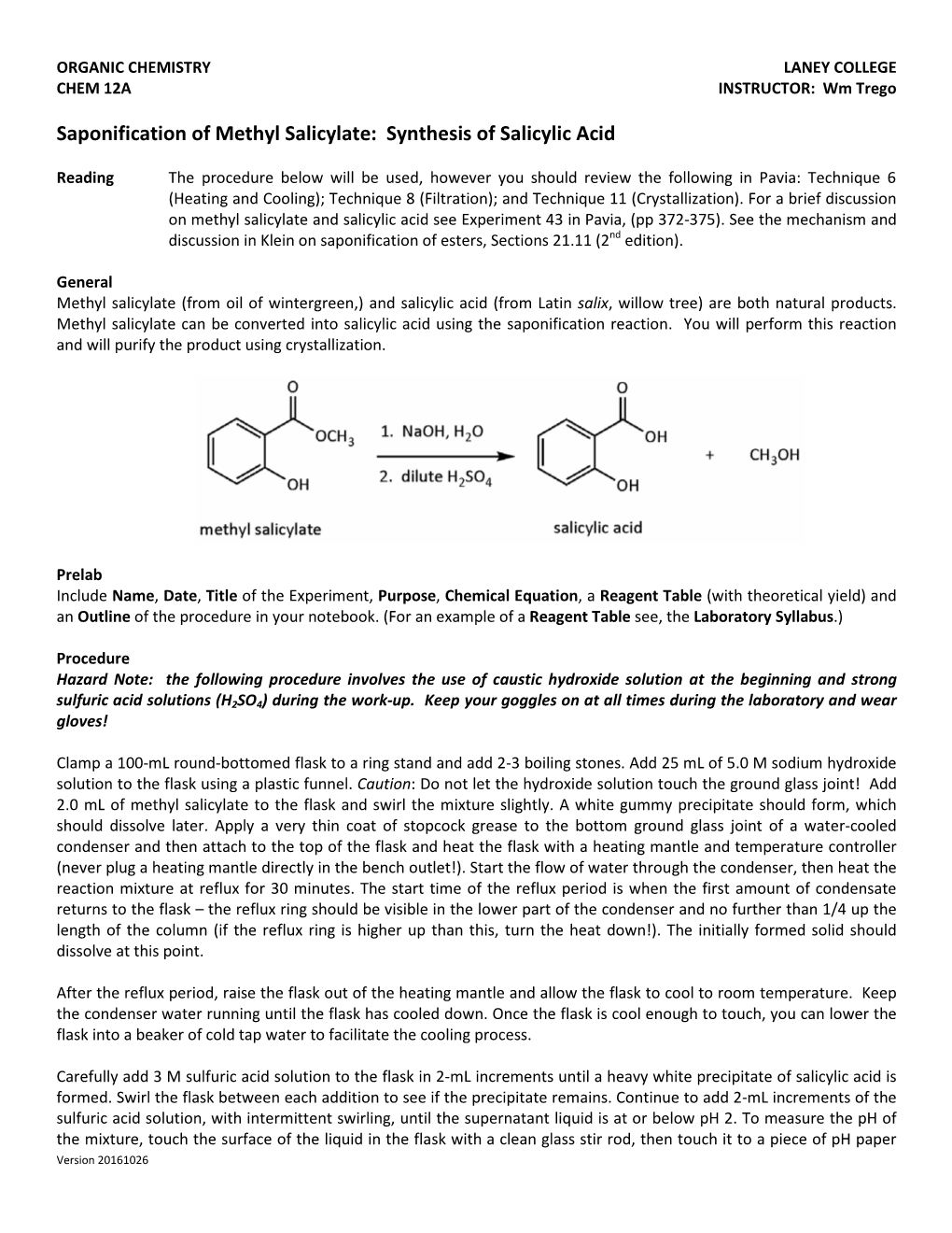 Saponification of Methyl Salicylate: Synthesis of Salicylic Acid