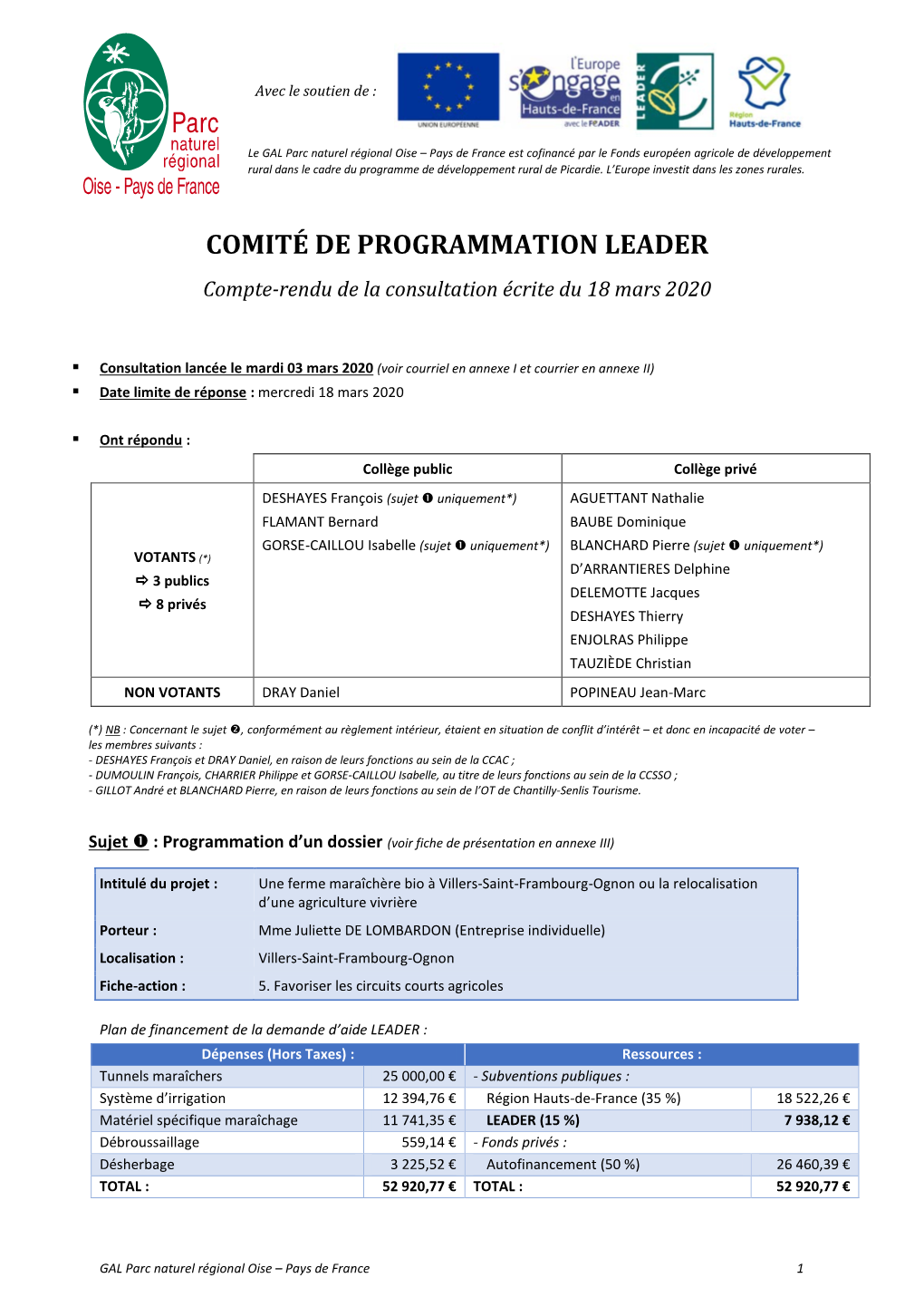COMITÉ DE PROGRAMMATION LEADER Compte-Rendu De La Consultation Écrite Du 18 Mars 2020