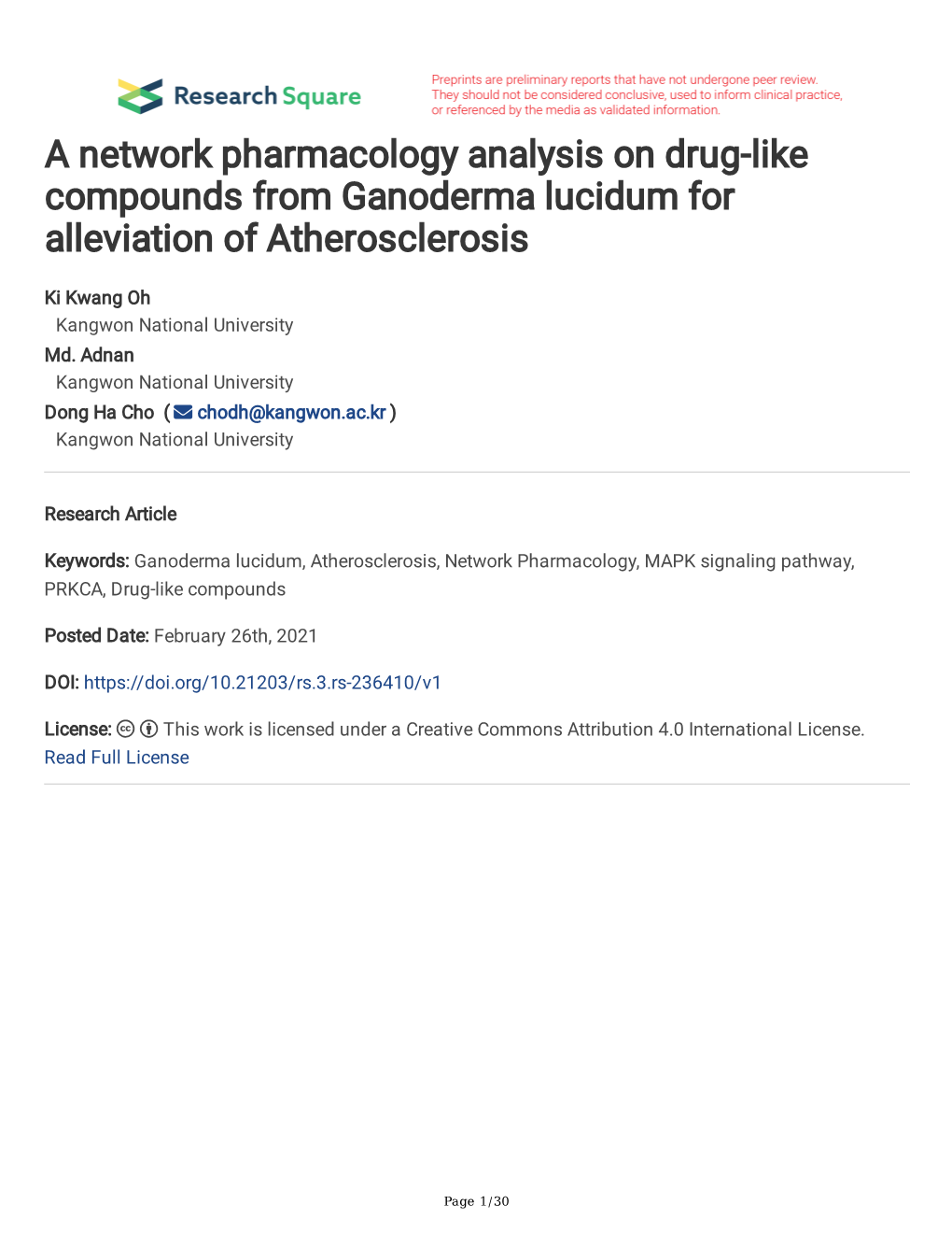 A Network Pharmacology Analysis on Drug-Like Compounds from Ganoderma Lucidum for Alleviation of Atherosclerosis