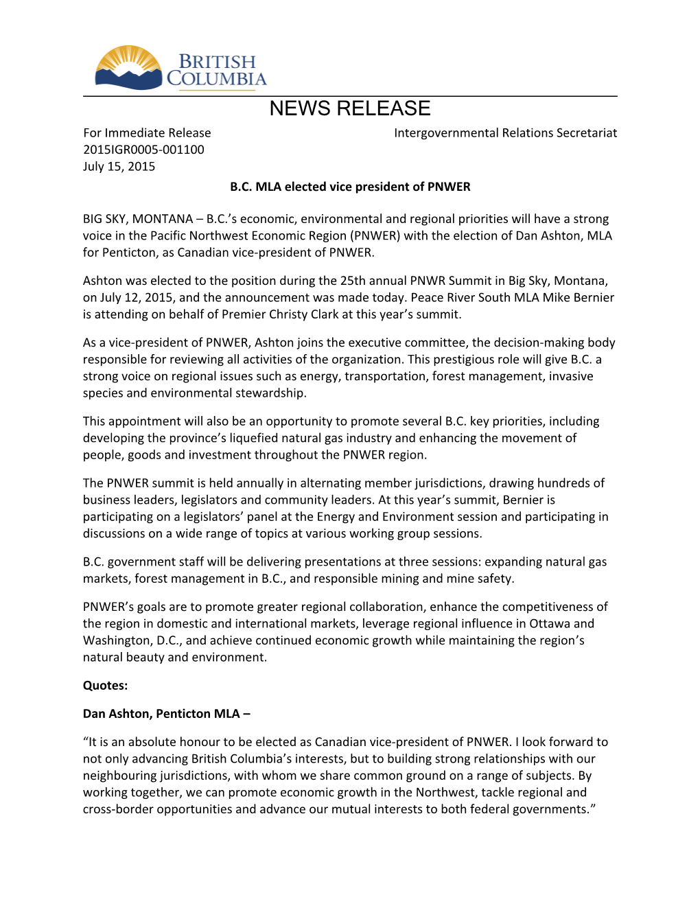 NEWS RELEASE for Immediate Release Intergovernmental Relations Secretariat 2015IGR0005-001100 July 15, 2015 B.C