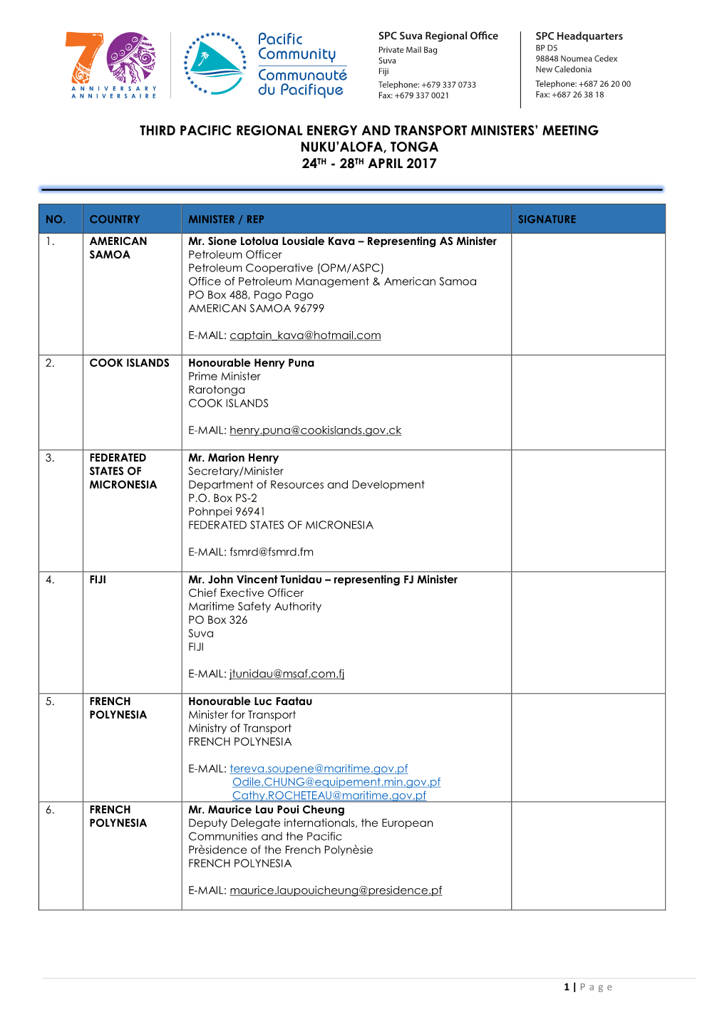 Third Pacific Regional Energy and Transport Ministers’ Meeting Nuku’Alofa, Tonga 24Th - 28Th April 2017