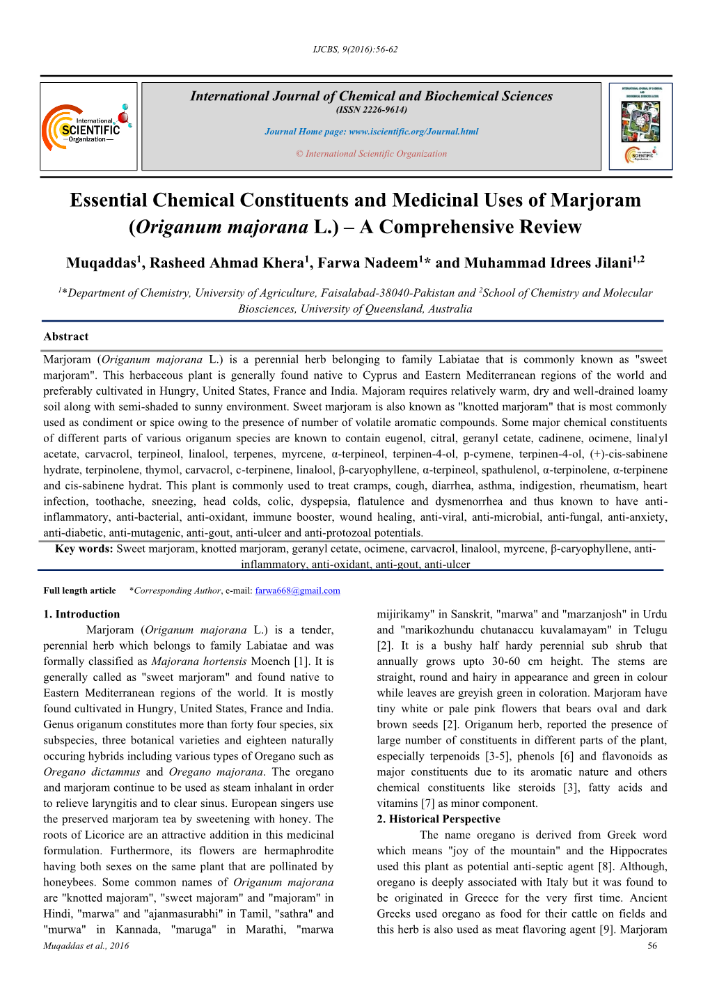 Essential Chemical Constituents and Medicinal Uses of Marjoram (Origanum Majorana L.) – a Comprehensive Review