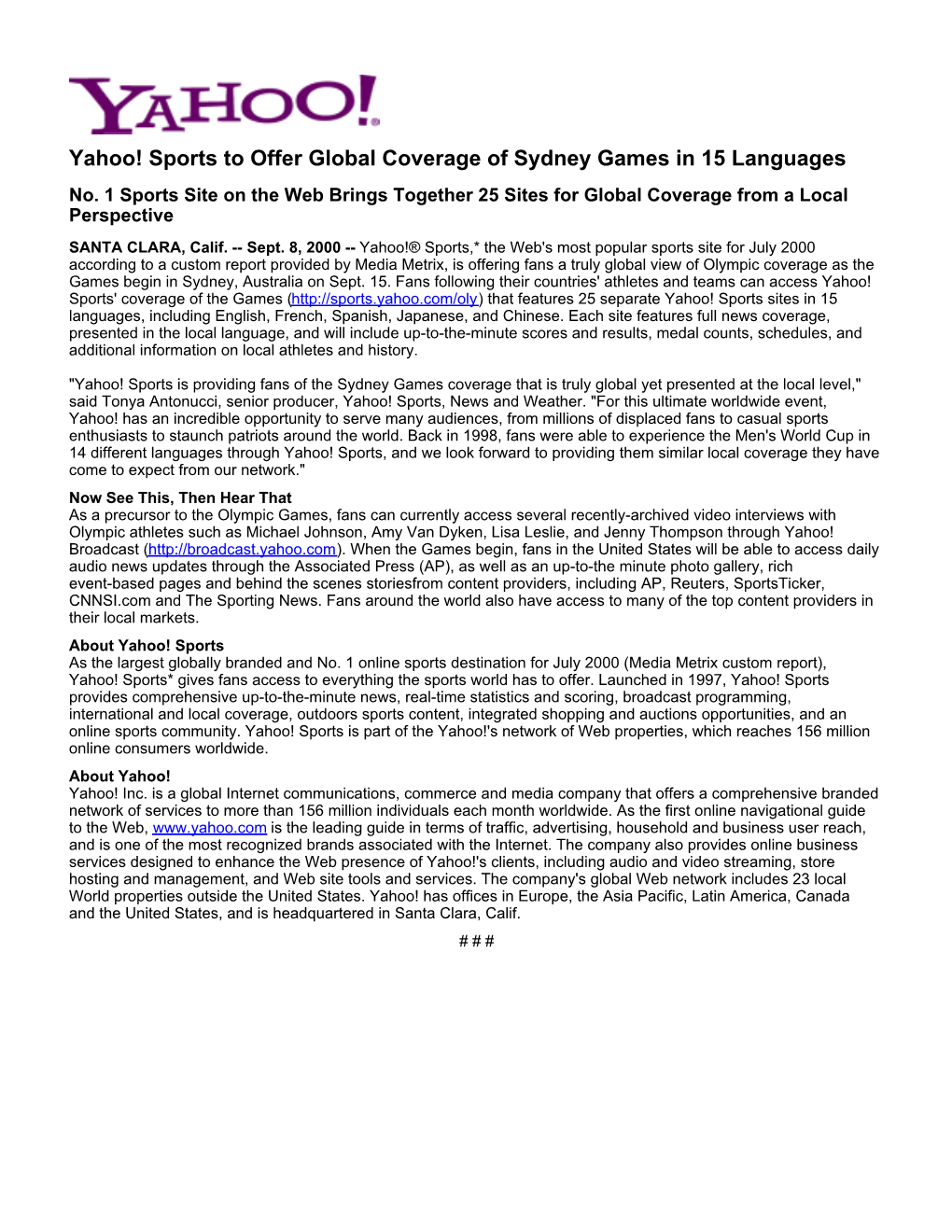 Yahoo! Sports to Offer Global Coverage of Sydney Games in 15 Languages No