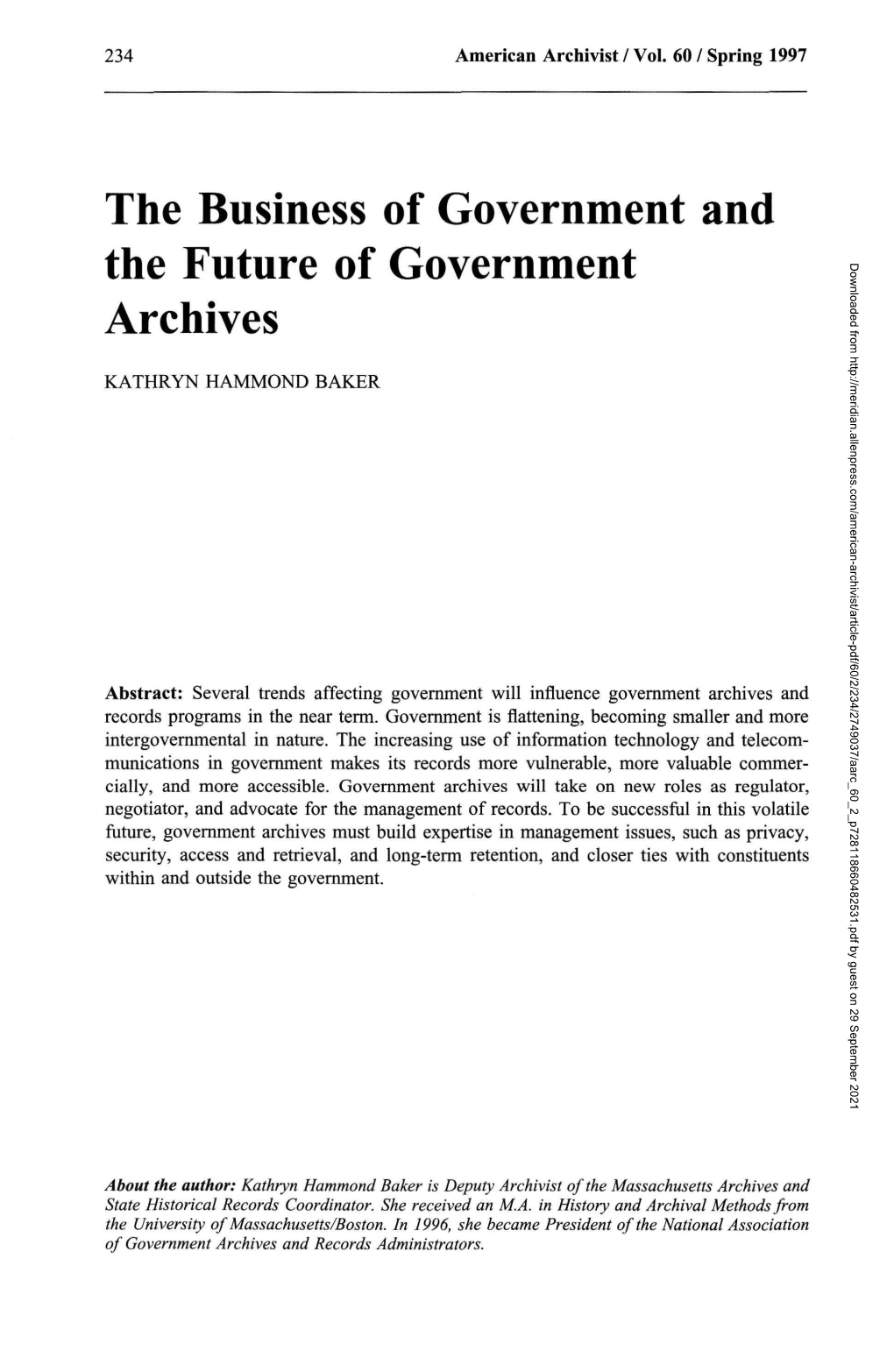 The Business of Government and the Future of Government Archives