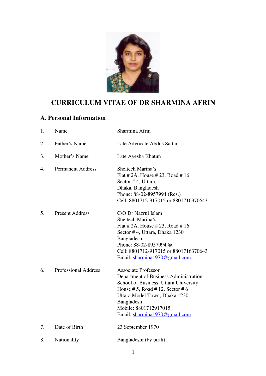 Curriculum Vitae of Dr Sharmina Afrin