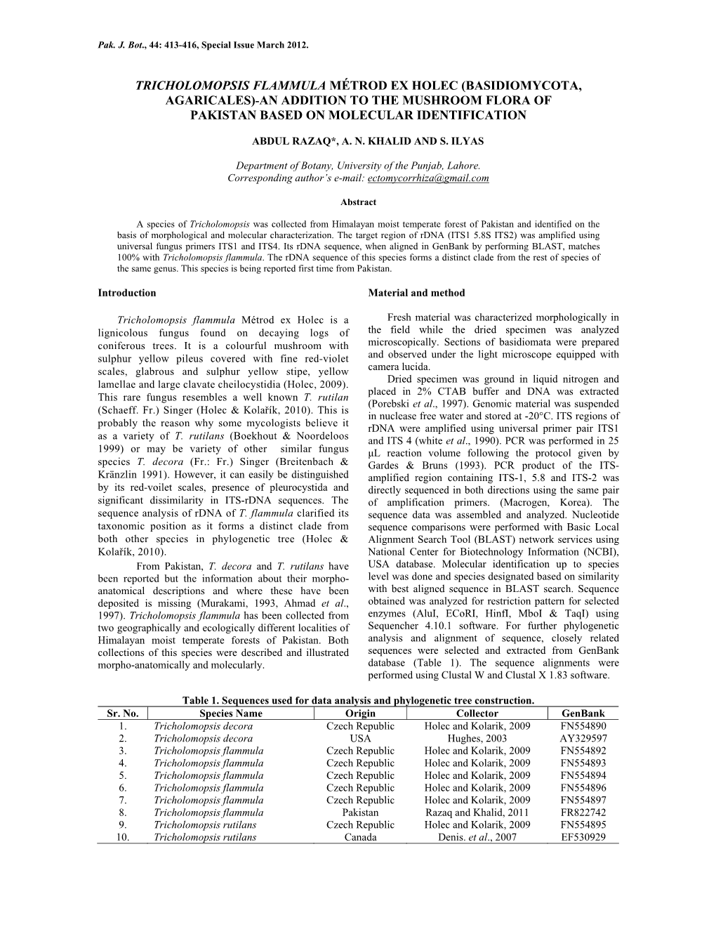 Tricholomopsis Flammula Métrod Ex Holec (Basidiomycota, Agaricales)-An Addition to the Mushroom Flora of Pakistan Based on Molecular Identification