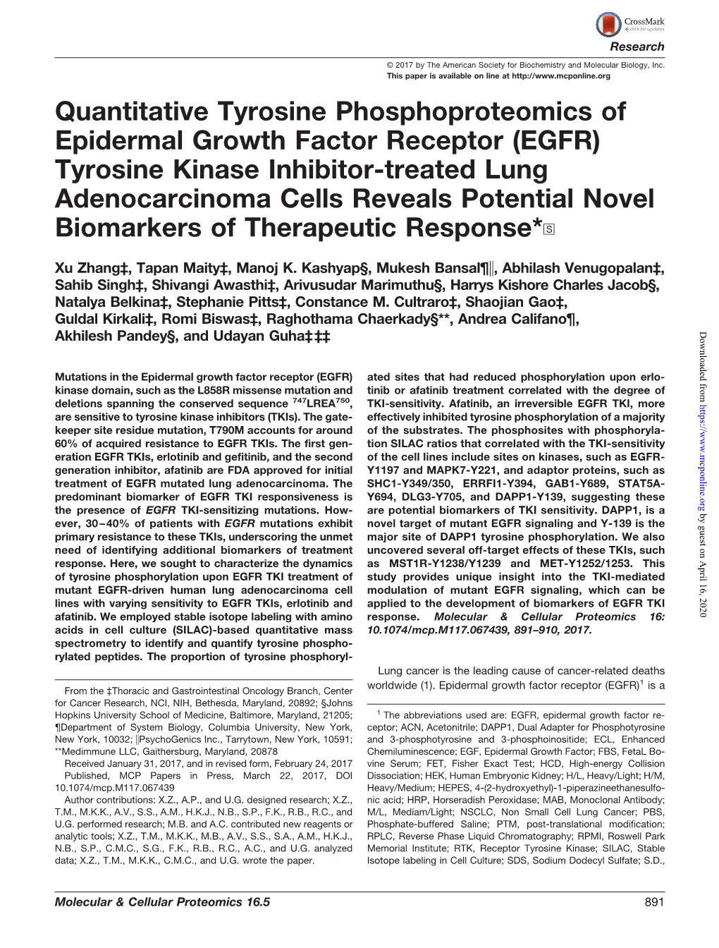 (EGFR) Tyrosine Kinase Inhibitor-Treated Lung Adenocarcinoma Cells Reveals Potential Novel Biomarkers of Therapeutic Response*□S