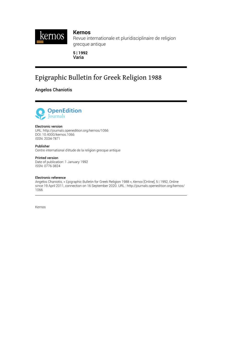 Epigraphic Bulletin for Greek Religion 1988